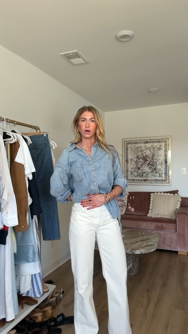Denim button up + white denim.
Top: runs oversized, wearing size small
Denim: runs TTS, wearing size 25

#LTKgrwm #LTKSeasonal #LTKootd
