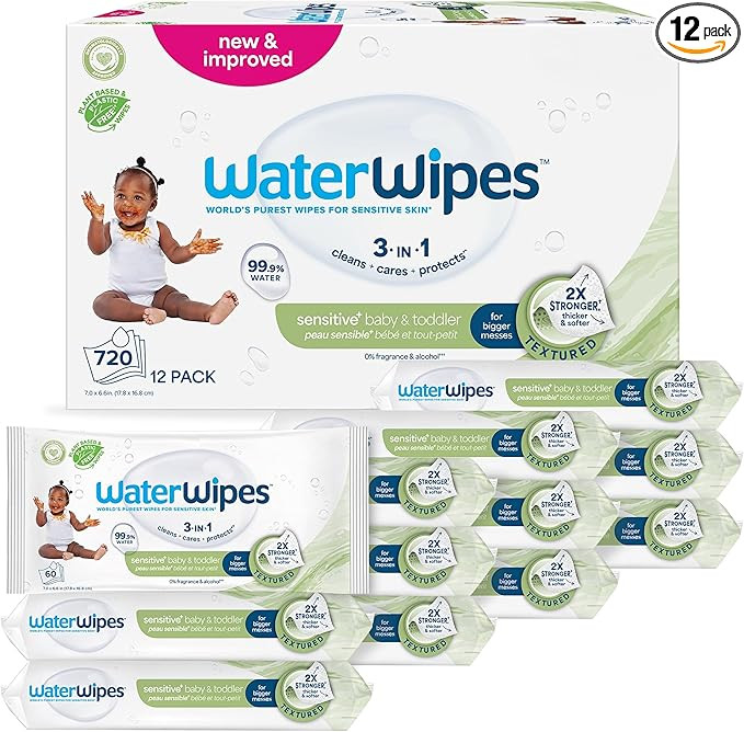 WaterWipes Sensitive+ Baby & Toddler Wipes, 3-In-1 Cleans, Cares, Protects, 99.9% Water, Textured... | Amazon (US)