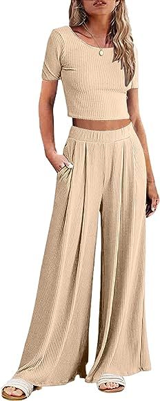 Ekouaer Womens Lounge Set 2 Piece Pajama Sets Short Sleeve Outfit Sets Ribbed Crop Top Wide Leg P... | Amazon (US)