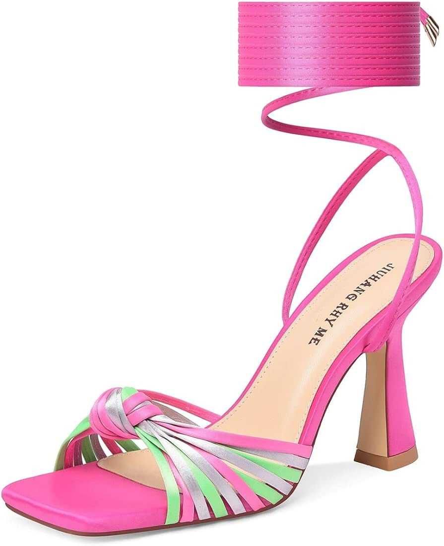 JIUHANG RHY ME Women's Open Toe High Heel Sandals with Square Toe, Chunky Heel, Strappy Tie-Up wi... | Amazon (US)
