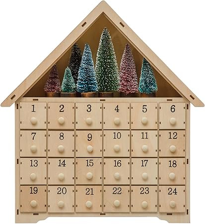 Creative Co-Op 15-1/4"L x 16-1/2"H Wood House Advent Calendar w/ 24 Boxes & 7 Bottle Brush Trees,... | Amazon (US)