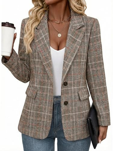 Mina Self Plaid Blazer for Women 2025 Fall Winter Brown Houndstooth Oversized Ladies Work Casual Boyfriend Dressy Fashion Business Casual Outfits Trendy Suit Jackets for Women ZHB013-P/Red-Brown-0M | Amazon (US)