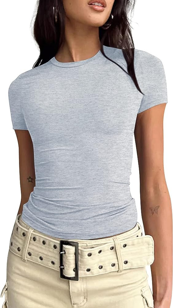 BAIGRAM Women’s Basic Slim fit Crop Top Tee Shirt Short Sleeve Workout Round Neck Cropped Tshir... | Amazon (US)