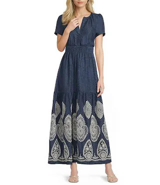 Linen Short Sleeve Elastic Waist Tiered Skirt Maxi Dress | Dillard's