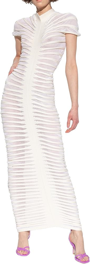 Women’s Maxi Dress See Through Knit Ruched Crochet Mock Neck Cap Sleeve Slim Fit Party Cocktail... | Amazon (US)