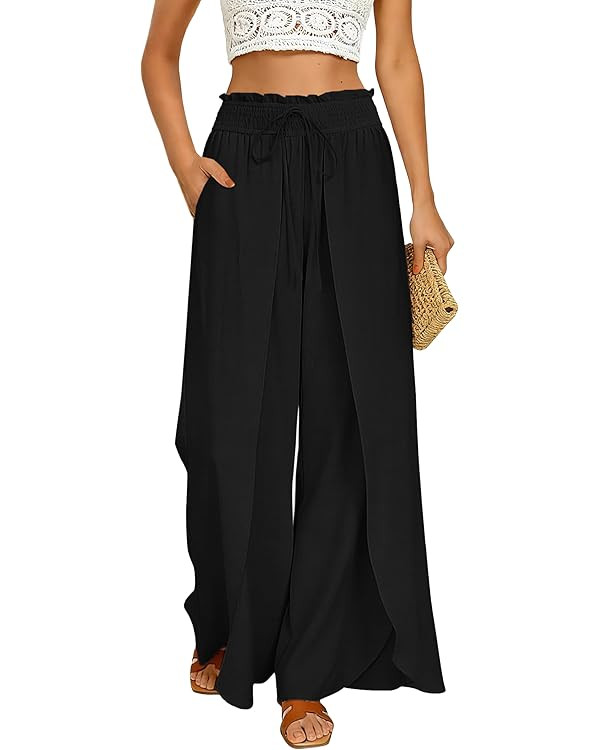 GRACE KARIN Womens Wide Leg Summer Pants Flowy Side Split Palazzo Beach Pants Boho Drawstring Hig... | Amazon (US)
