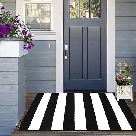 Amazon.com: EARTHALL Black and White Striped Rug 27.5 x 43 Inches Cotton Hand-Woven Reversible Fo... | Amazon (US)