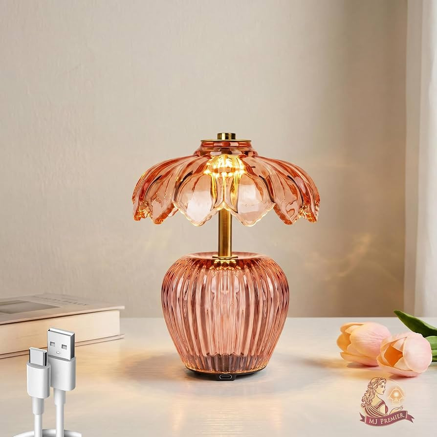 MJ PREMIER Rechargeable Table Lamp, Cordless Lamp with Timer, Crystal Glass Flower Lampshade, Sma... | Amazon (US)
