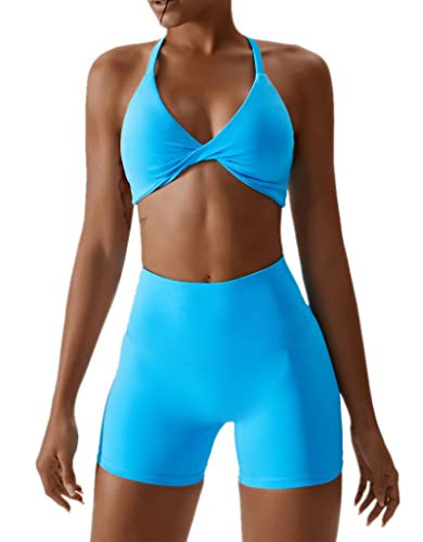 ABOCIW Workout Sets for Women 2 Piece Yoga Outfits Twist Front Halter Sports Bras Tummy Control High Waist Booty Biker Shorts Exercise Gym Sets for Women Light Blue Medium | Amazon (US)