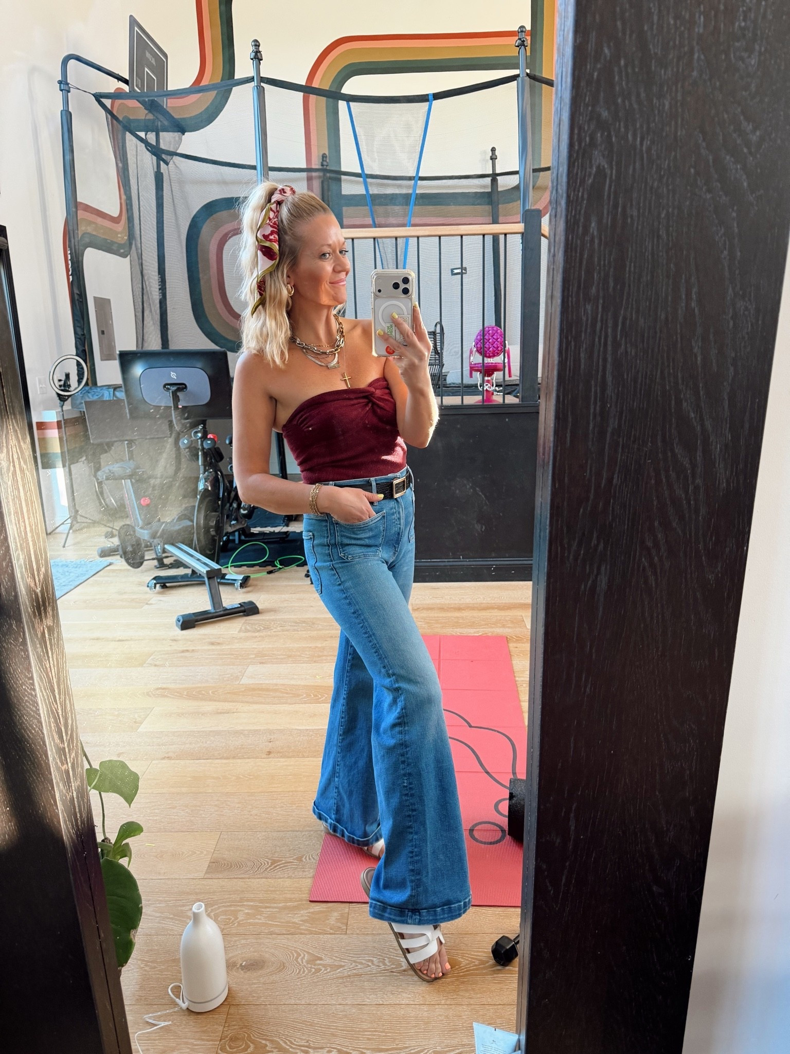 Mother Jeans (where have I been?!), sweater ribbed tube top in maroon I wear all the time. Fun head scarf is under $5! Sandals I’ve been rocking going on 3 years.

#LTKdayinmylife #LTKootd #LTKOver40
