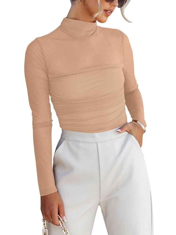 REORIA Women’s Trendy Sexy Mock Turtle Neck Long Sleeve Sheer Mesh Ruched Going Out Bodysuits T... | Amazon (US)