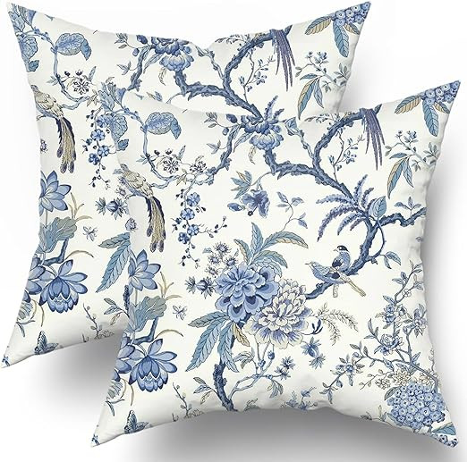 Chinoiserie Pillow Covers Set of 2 Blue and White Outdoor Pillows Bule Birds Flowers Throw 18x18 ... | Amazon (US)