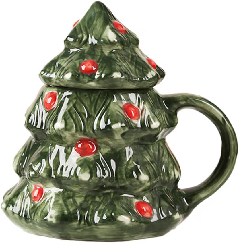 15oz Christmas Tree Mug with Lid Cute Ceramic Xmas Tree Coffee Mug Adorable Festive Ceramic Coffe... | Amazon (US)