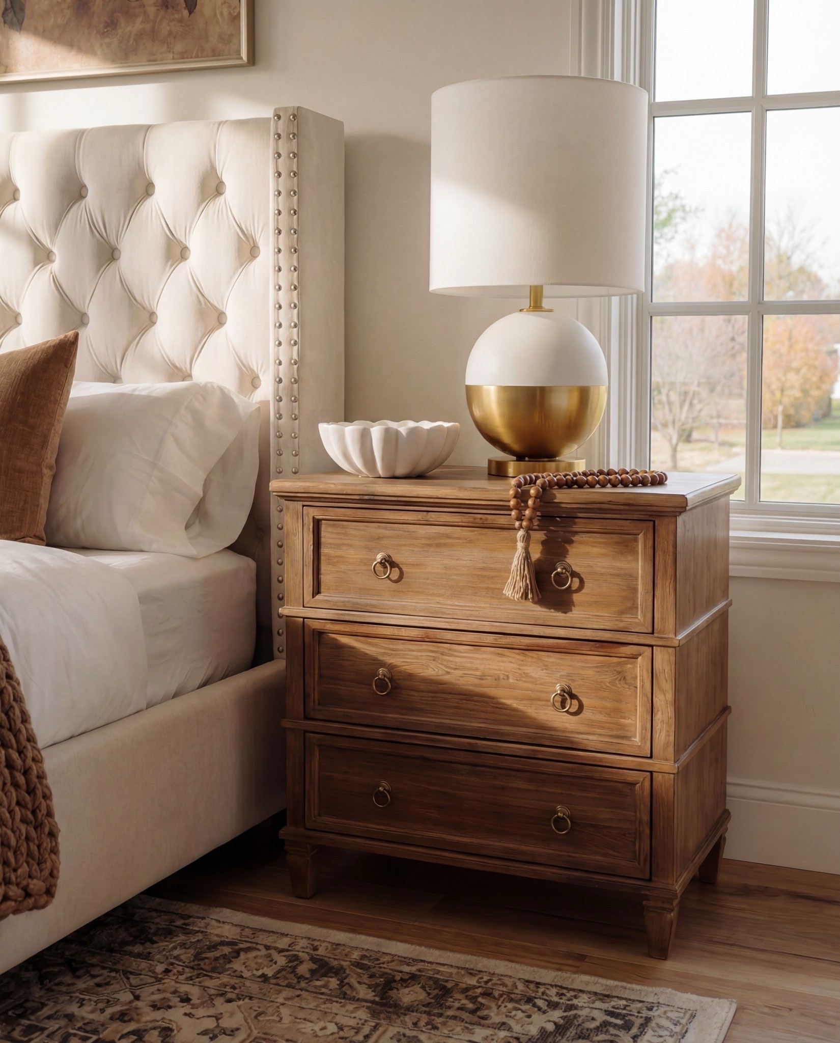 Shop the Look:
• Upholstered tufted bed (cream or ivory)
• Neutral upholstered bench or bed frame base
• Wooden nightstands (medium warm wood)
• Table lamps (white shade, brass base)
• White bedding (duvet + sheets)
• Brown textured throw blanket
• Neutral accent pillows (tan or camel)
• Framed floral artwork (warm brown tones)
• Quilted round ottomans (cream)
• Brass ottoman bases
• Vintage-style area rug (neutral pattern)
• Exposed wood ceiling beams
• Decorative bowl or small tray on nightstand
•wood decor beads

#LTKSaleAlert #LTKFindsUnder100 #LTKHome