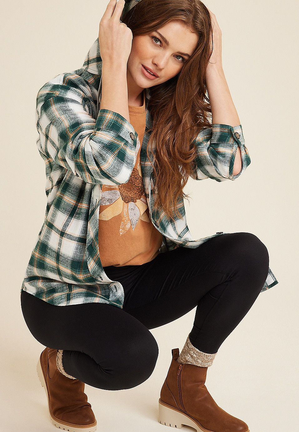 Cabin Plaid Hooded Boyfriend Tunic Shirt | Maurices