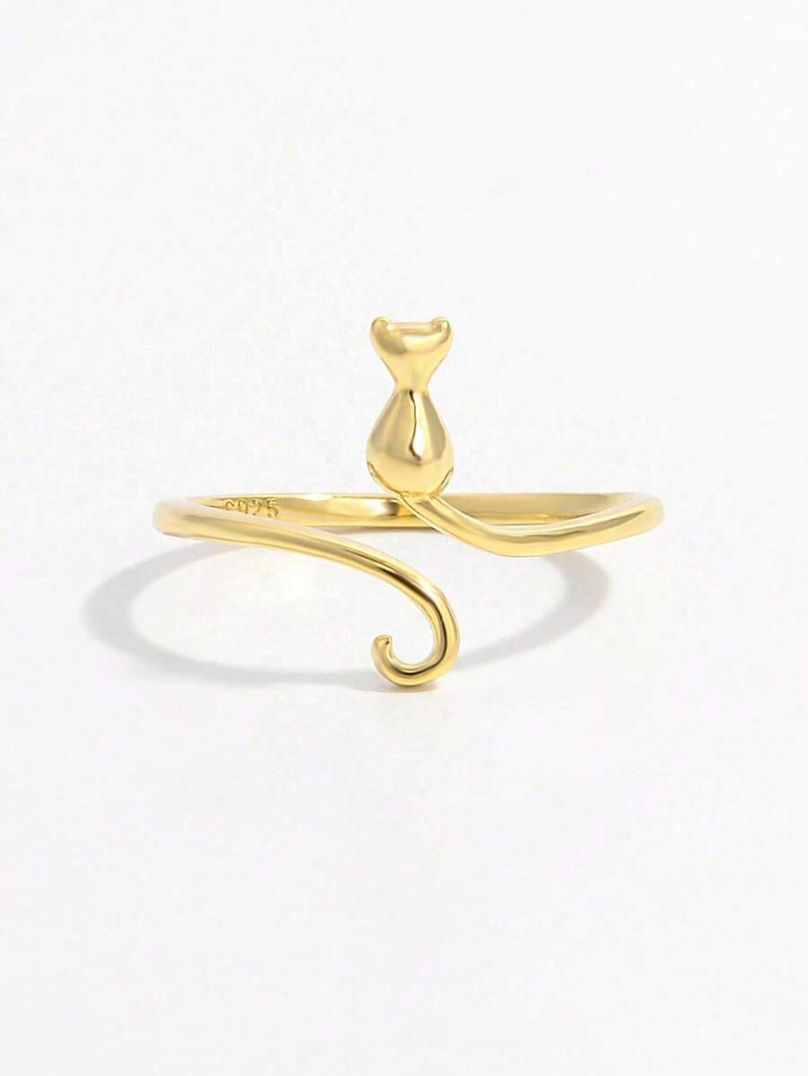 Vaerine 1pc Creative, Cute, Romantic, Elegant & Natural Style 925 Silver Cat Animal Design Open R... | SHEIN