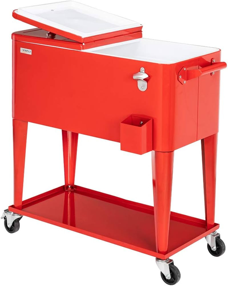 VINGLI 80 Quart Rolling Ice Chest, Portable Patio Party Bar Drink Cooler Cart, with Shelf, Bevera... | Amazon (US)