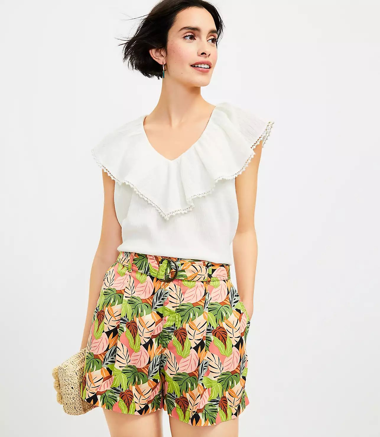 Belted Pleated Shorts in Palm | LOFT