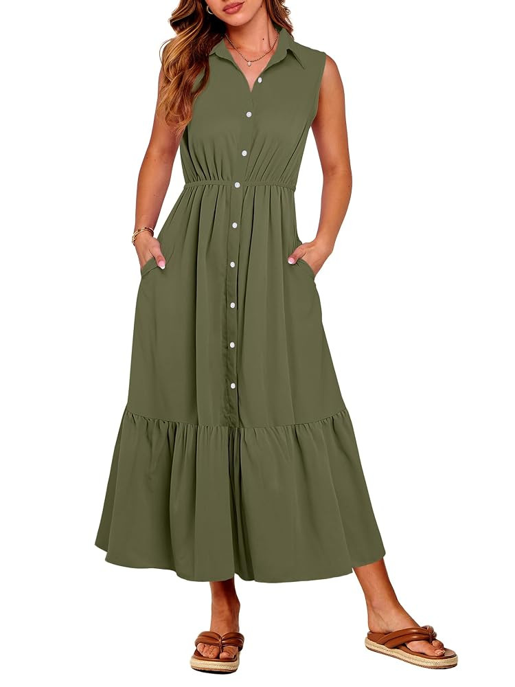 ANRABESS Womens Summer Button Down Maxi Shirt Dress Sleeveless Collared Tiered Work Dresses Beach... | Amazon (US)