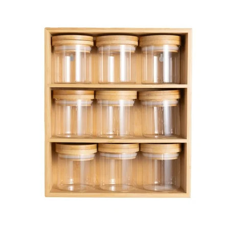 Better Homes & Gardens, Bamboo Holder with 9 Bamboo Swivel Lid Glass Spice Jars, 10 x 11.6 x 3.9 in | Walmart (US)