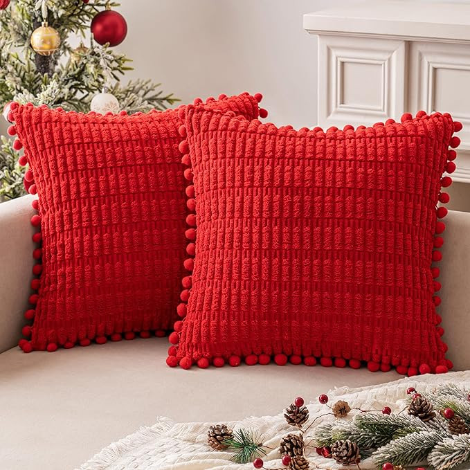 MIULEE Christmas Red Corduroy Decorative Throw Pillow Covers Pack of 2 Pom-pom Soft Boho Striped ... | Amazon (US)