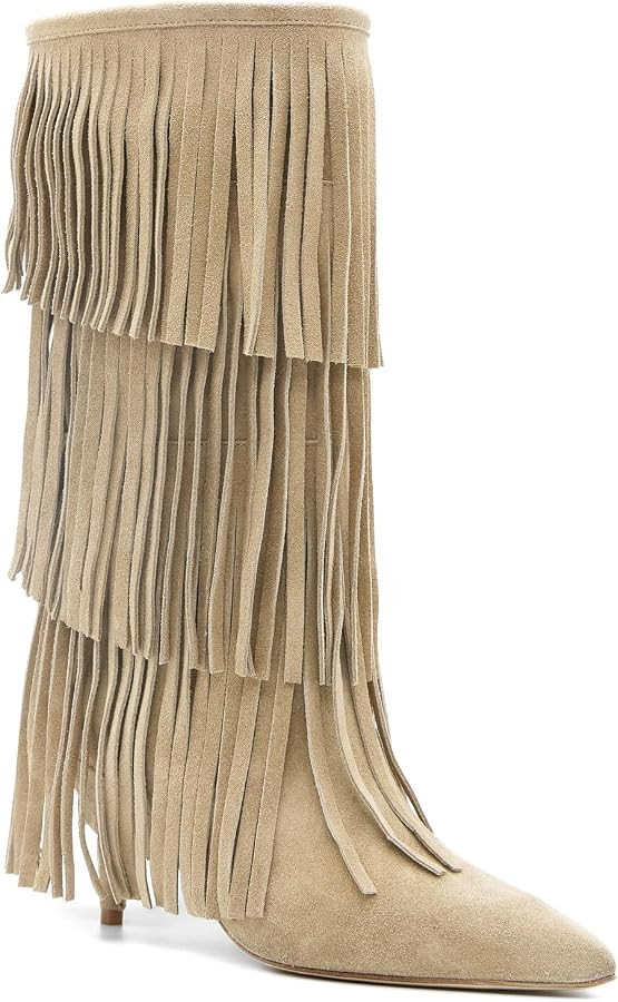 MAVMAX Fringe Knee High Cowgirl Boots Suede Tassel Kitten Heel Boots Western Pointed Toe Boot for... | Amazon (US)