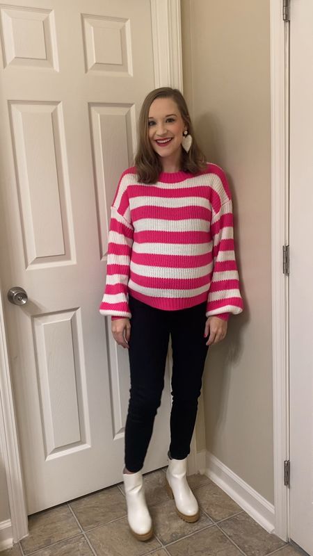 Outfit of the day! 🖤 Shein sweater paired with black jeans and Chelsea lug boots from Walmart!! Striped hot pink sweater!! Shein fashion! Walmart boots!! Maternity outfit! 