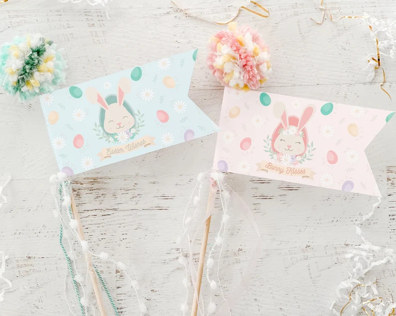 Bunny Kisses Easter Pennant Flag || Printable Easter Decor || Easter Basket Stuffer || Easter Wan... | Etsy (US)