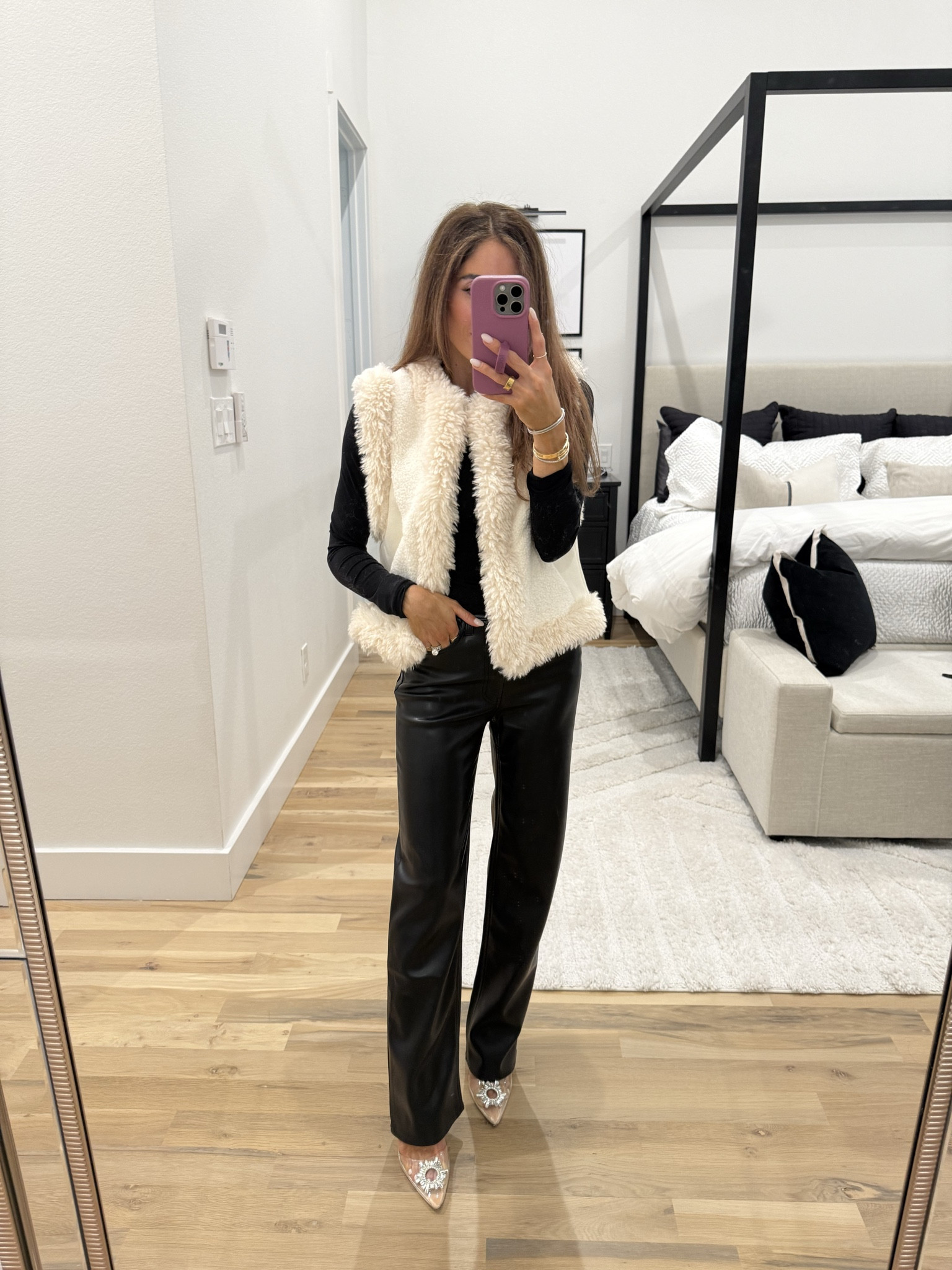 Faux leather pants size 23s holiday outfit Sherpa vest 

#LTKSaleAlert #LTKPetite #LTKFindsUnder50