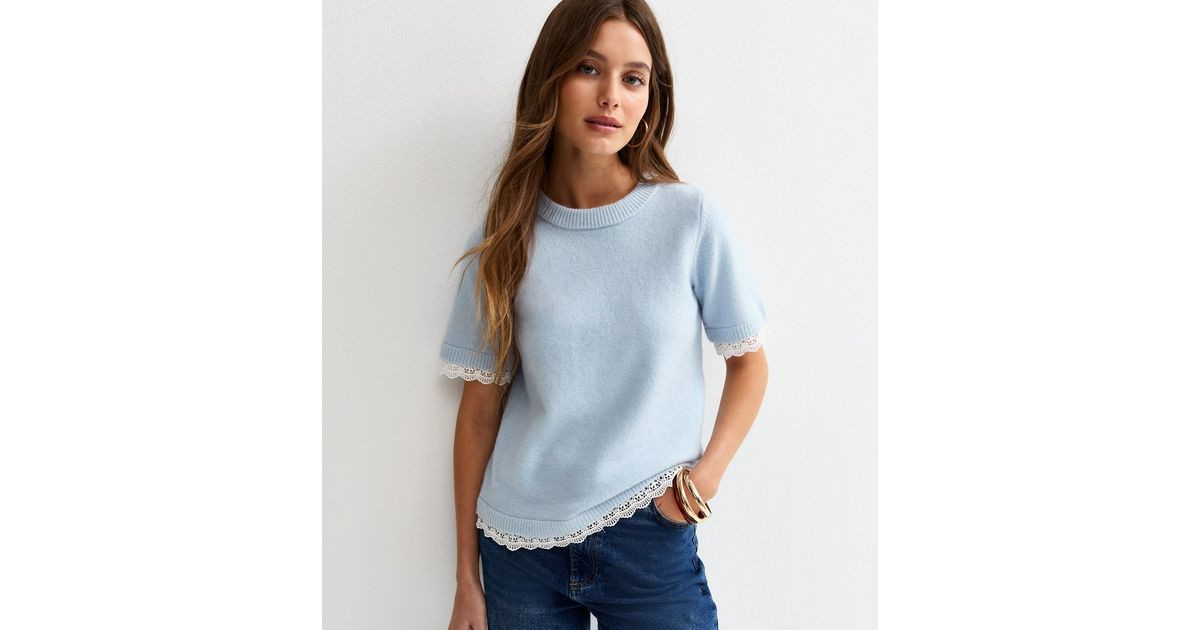 Light Blue Lace Trim Knitted T-Shirt | New Look | New Look (UK)