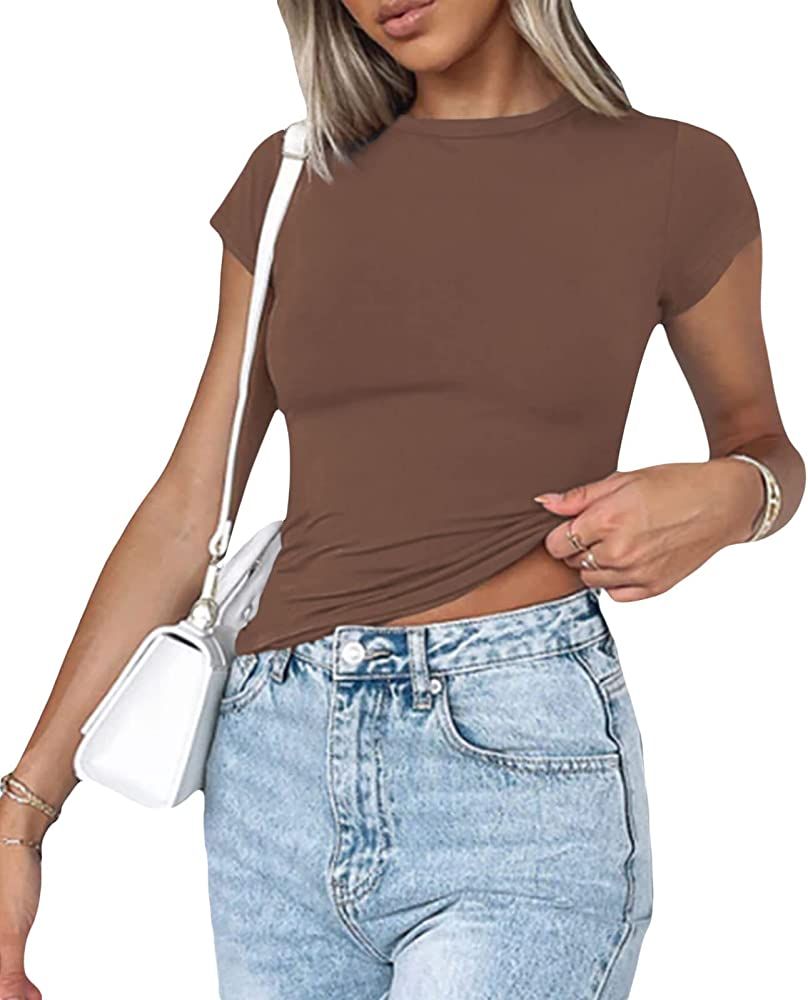 Sexy Short Sleeve Top for Women Solid Slim Fitted Tees Shirt Basic Crew Neck Going Out Crop Tops | Amazon (US)
