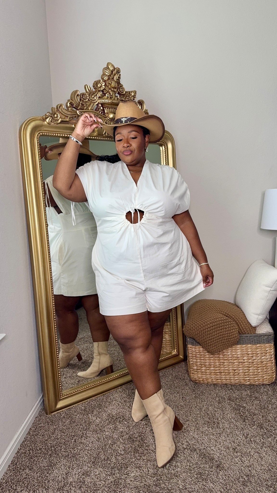 Plus size cowboy carter concert outfit. 

Western outfit idea. Plus size romper. White romper. Cowboy hat. Plus size style. Plus size fashion. Amazon find.

#LTKSummerEdit #LTKPlusSize #LTKStyleTip