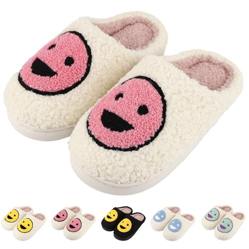 ZICKYO Kids Slippers Girls Cute Happy Face House Slippers Warm Soft Plush Non-Slip Indoor Outdoor Slip-on Shoes White Pink Black 2-2.5 Little Kid | Amazon (US)