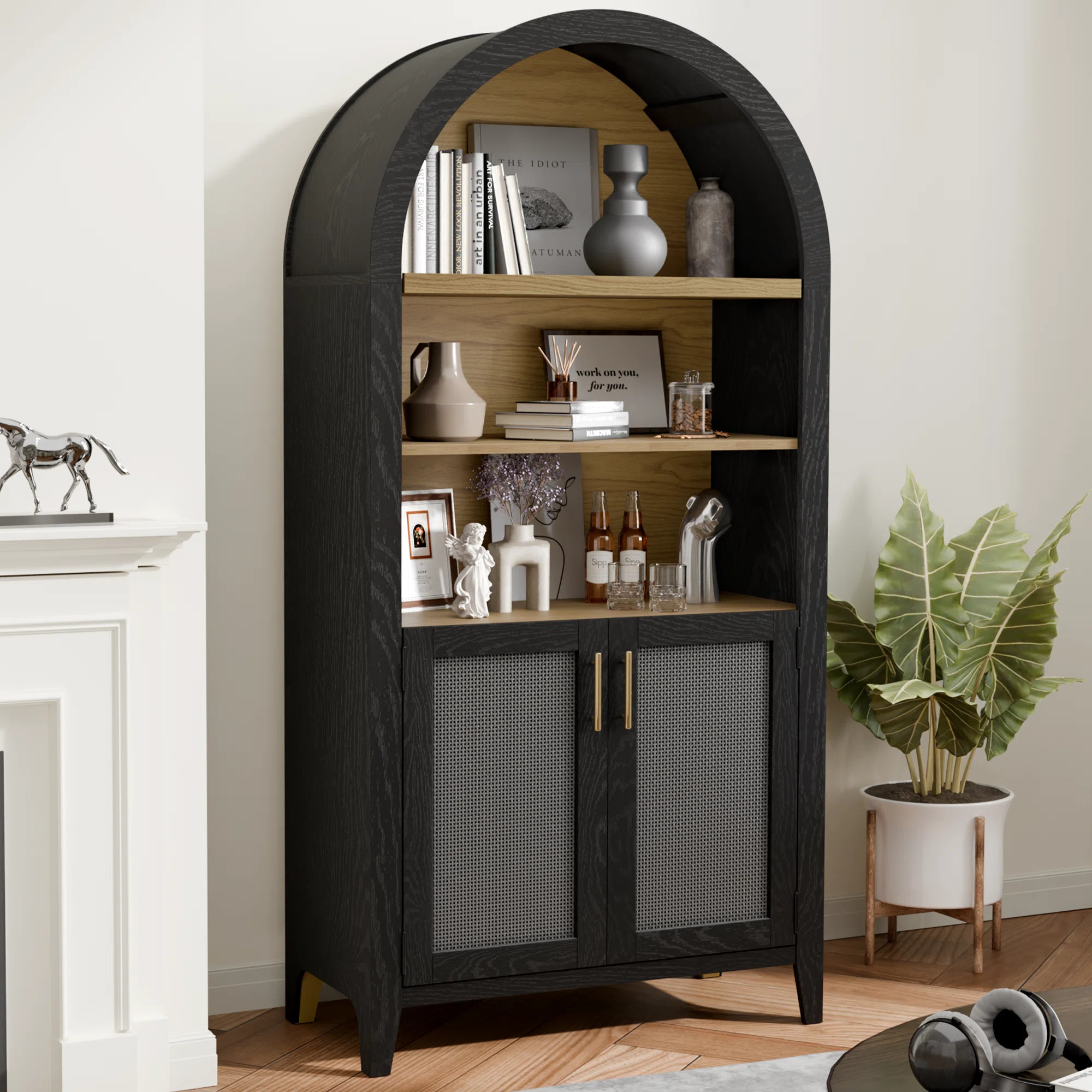 Ophelia & Co. Arched Display Cabinet With Beech-wooden Door, Rattan Storage Cabinet With Adjustab... | Wayfair North America