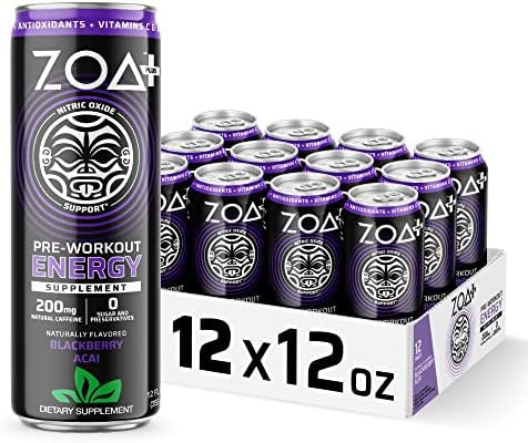ZOA Plus Sugar-Free Pre-Workout Energy Drink Supplement, Blackberry Acai, 12 fl. oz. (12 Pack) - Nit | Amazon (US)