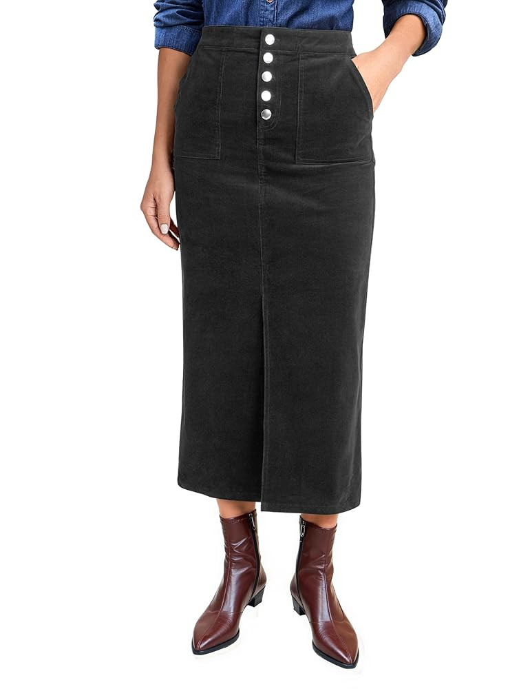 luvamia Corduroy Skirts for Women Midi Length High Waisted Button Fly Fall Casual Elastic Waist L... | Amazon (US)