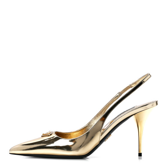 Metallic Calfskin Metal Triangle Logo 85mm Slingback Pumps 38 Platino | FASHIONPHILE (US)