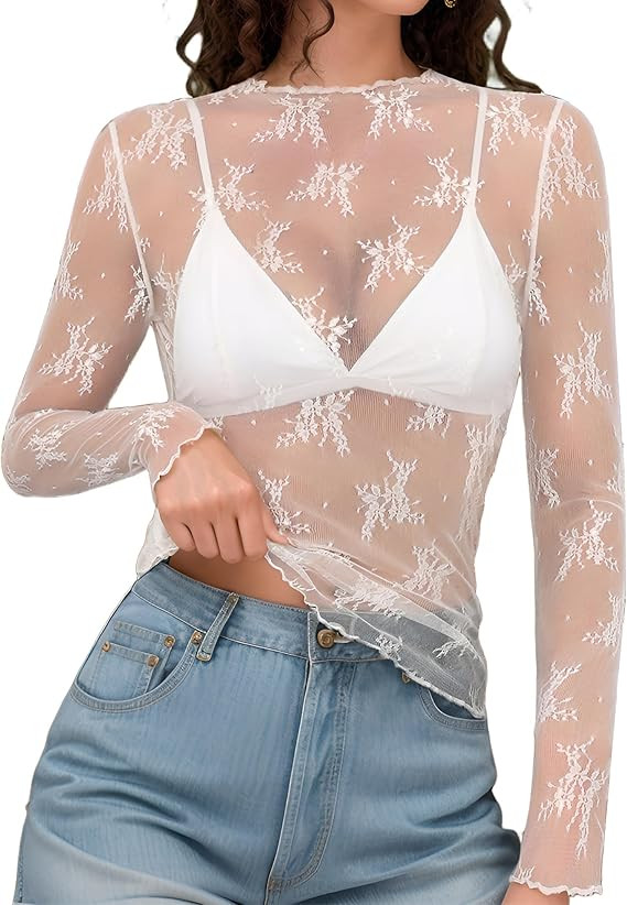 Lace Tops for Women Long Sleeve Mock Neck Mesh Top Sexy Sheer Shirts See Through Floral Blouses | Amazon (US)