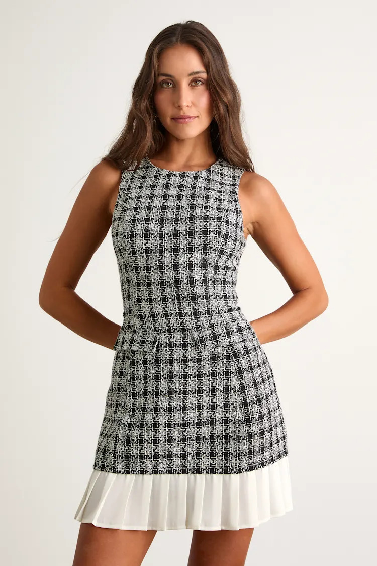Moroni Black Tweed Pleated Hem Mini Dress | Lulus