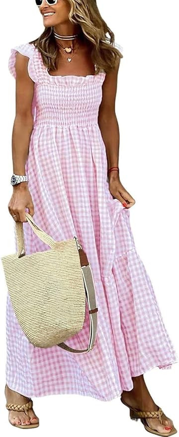 Women's Sleeveless Strap Retro Plaid A-Line Smocked Maxi Long Dress with Ruffled Hem | Amazon (US)