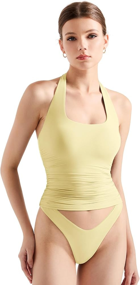 SUUKSESS Women Halter Tank Tops Double Lined Backless Y2K Trendy Going Out Tops | Amazon (US)