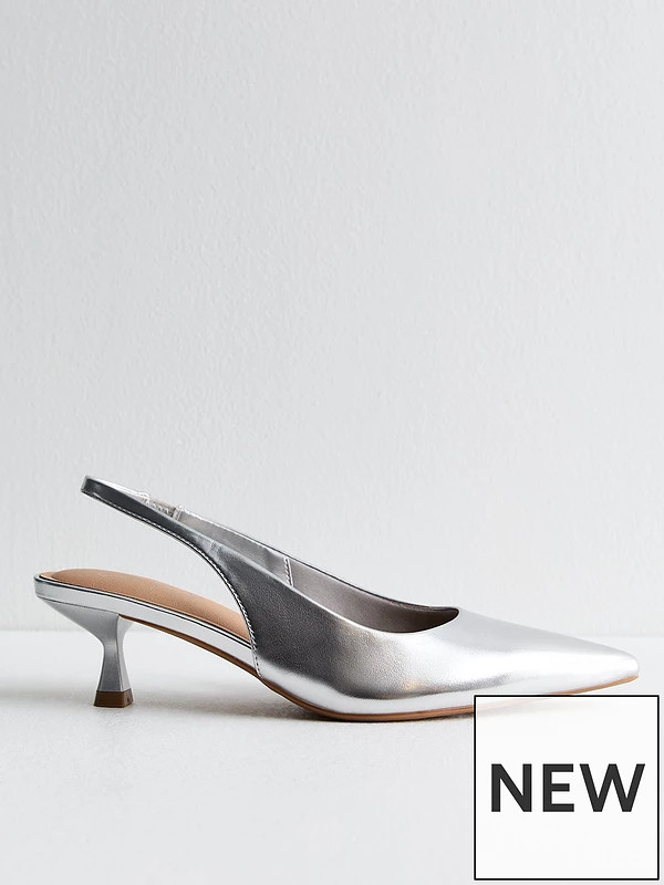 New Look Slingback Kitten Heel Court Shoes - Silver | Very (UK)
