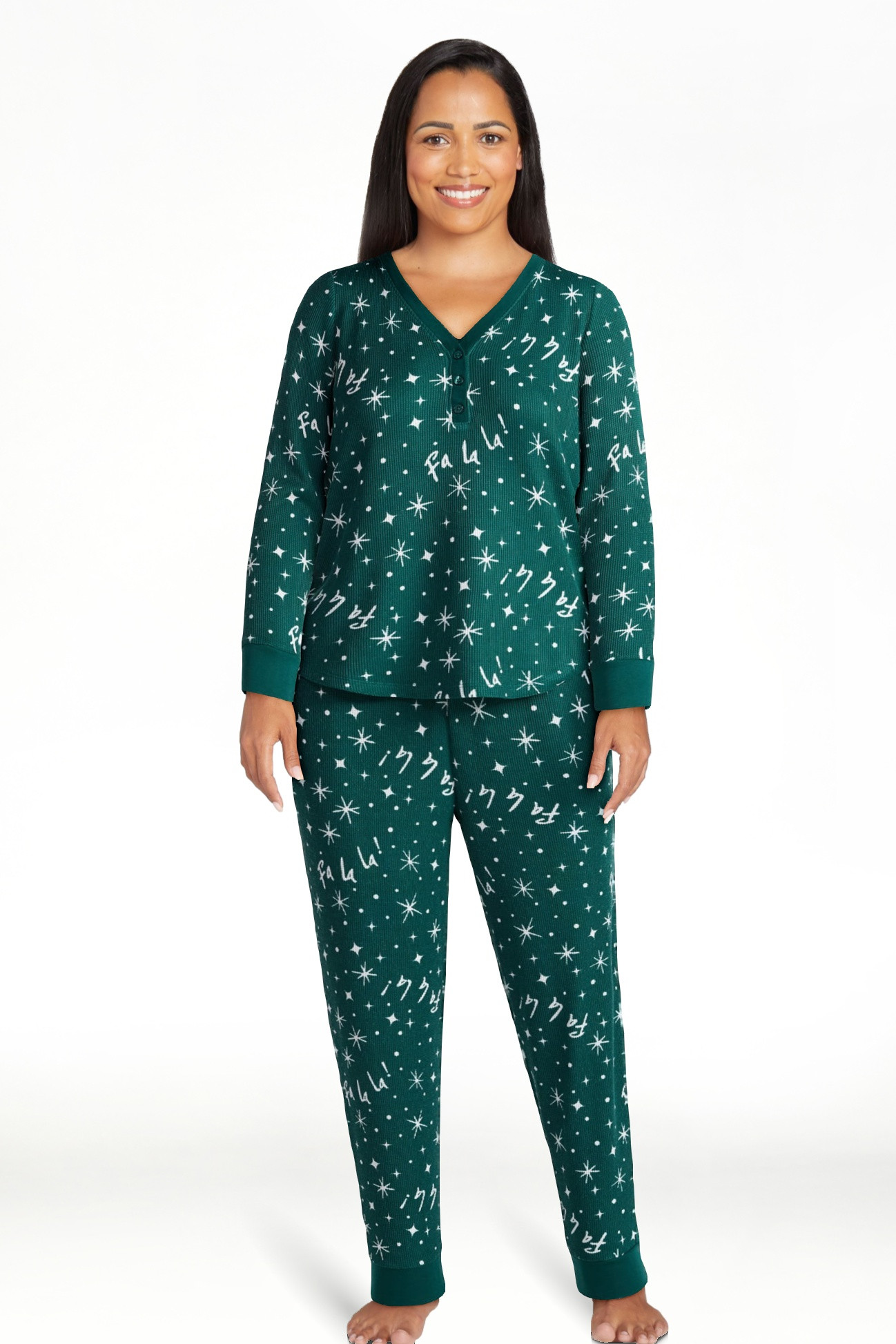 Joyspun Women's Waffle Knit Henley Sleep Top, Joggers and Socks Pajama Set, 3-Piece, Sizes XS-3X | Walmart (US)