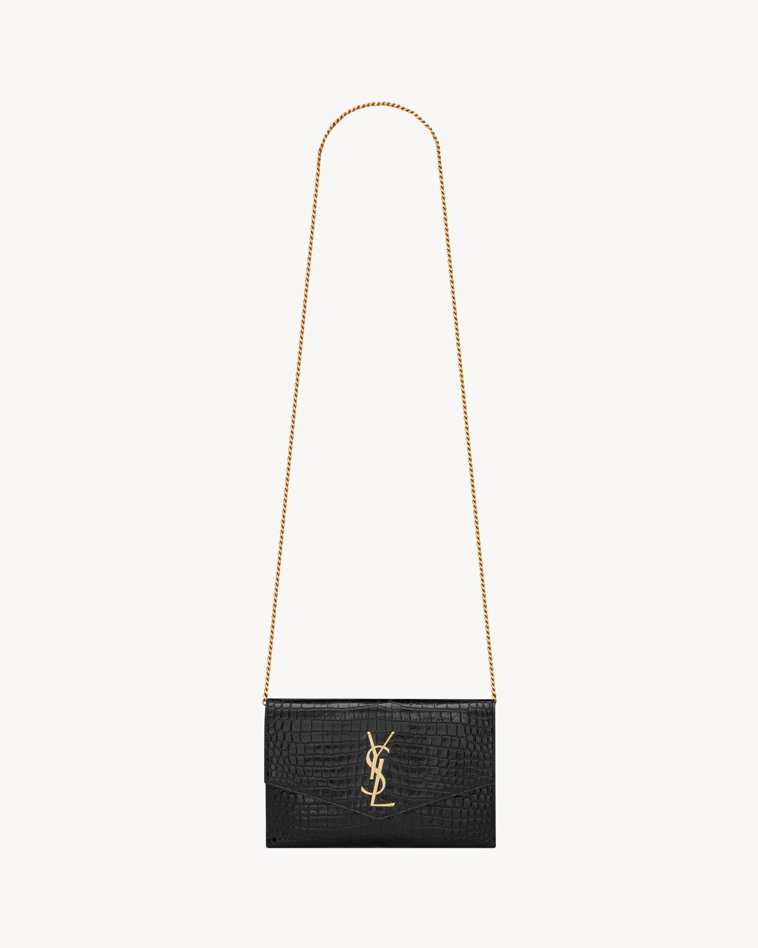 Saint Laurent One Sizeptown Chain Wallet In Shiny Crocodile-Embossed Leather - Black - Women - One Size | Saint Laurent Inc. (Global)