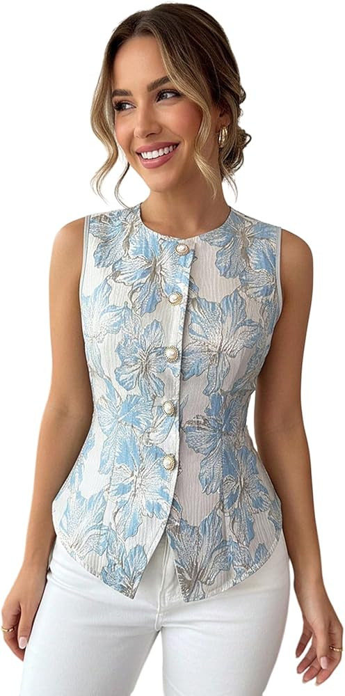 Women's Vintage Floral Button Up Vest Tops Summer Tie Back Crew Neck Sleeveless Dressy Casual Shi... | Amazon (US)