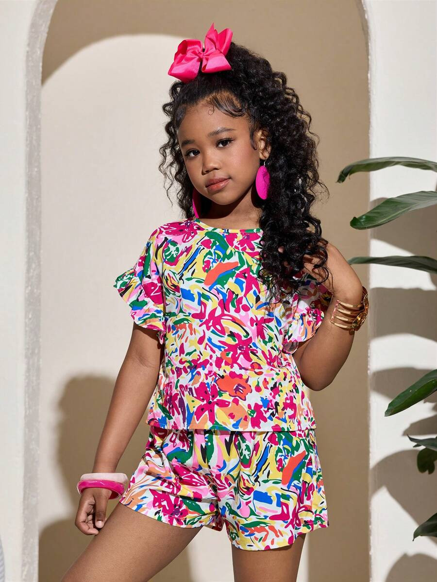 2pcs/Set Tween Girls Casual Vacation Outfits: Round Neck Short Cap Sleeve Top And Lace Trim Short... | SHEIN