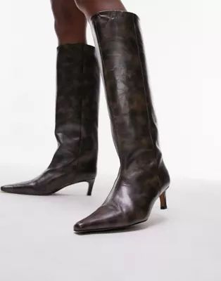 Topshop Tara premium leather knee high heeled boots in distressed brown | ASOS | ASOS (Global)