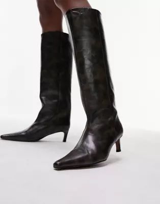 Topshop Tara premium leather knee high heeled boots in distressed brown | ASOS | ASOS (Global)