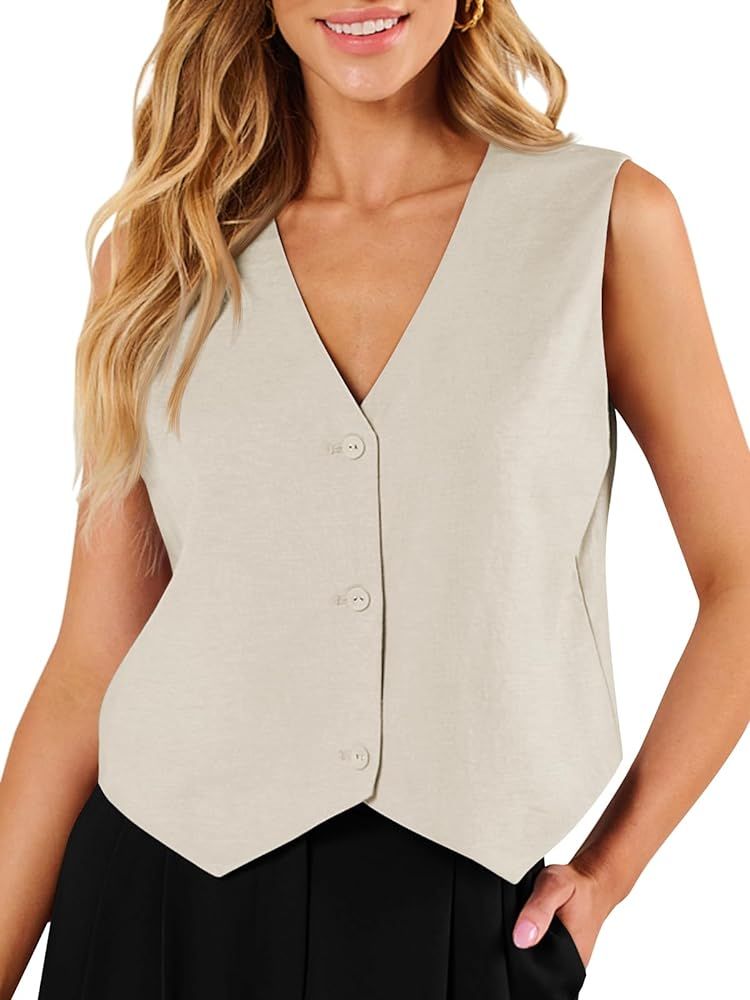 AUTOMET Womens Vests Crop Tank Tops 2024 Linen Button Casual Blazer Suit Spring Outfits Waistcoat... | Amazon (US)