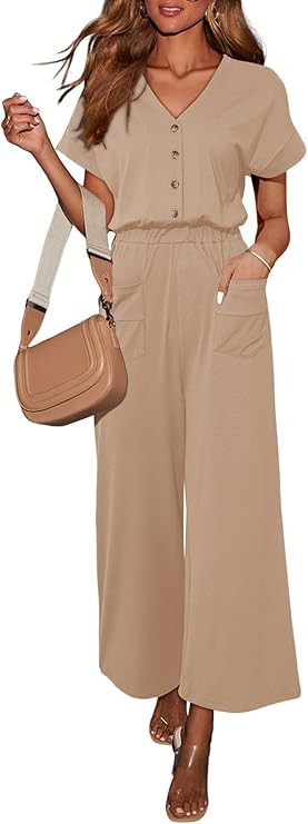 Dokotoo Womens Jumpsuits Dressy Summer Outfits 2025 Casual Short Sleeves Button Down Wide Leg Rom... | Amazon (US)